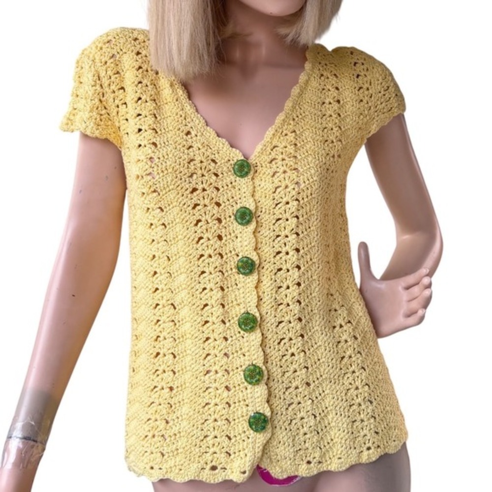 Vintage Handmade Crochet V Neck Top Yellow Green Glass Buttons Cottagecore S/M